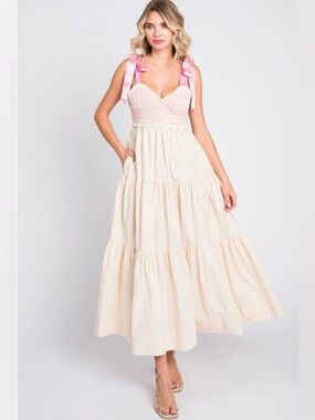 Lovelo Cream and Pink Smocked Tiered Maxi Dress with Bow Straps